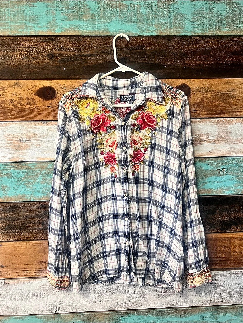 Johnny Was Workshop Embroidered Plaid Button Down in Blue & White Large